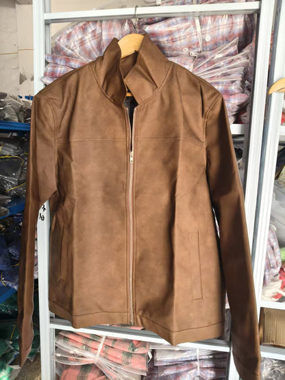 Men's Simple Style Solid Color Jacket With Zipper Placket In Dyed Black, Made From Durable PU Fabric