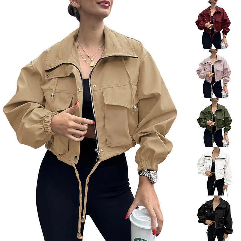Elegant Solid Color Women's Jacket Coat With Zipper Placket, Made From Cotton Blends Fabric