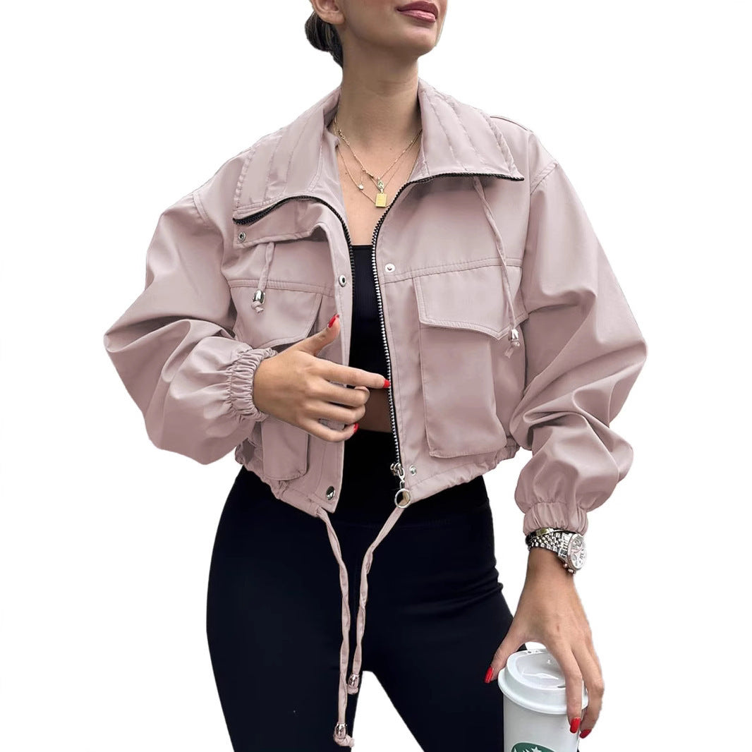 Elegant Solid Color Women's Jacket Coat With Zipper Placket, Made From Cotton Blends Fabric