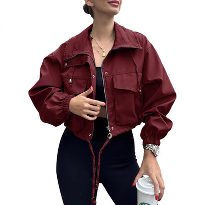 Elegant Solid Color Women's Jacket Coat With Zipper Placket, Made From Cotton Blends Fabric