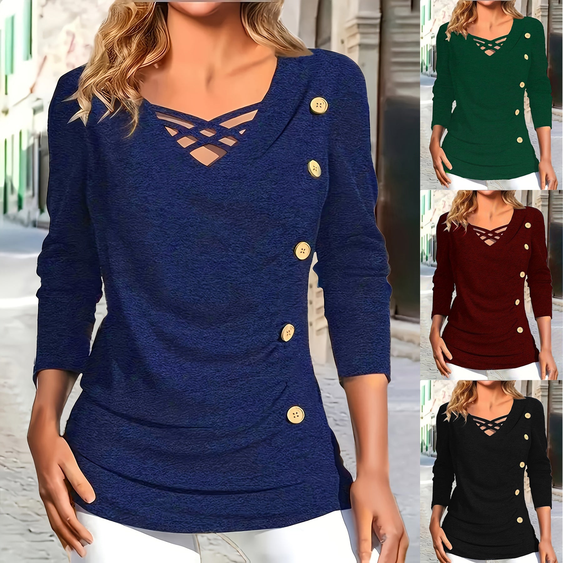 Solid Color Dark Blue Polyester Knitted Commute T-shirt For Women In Plus Size