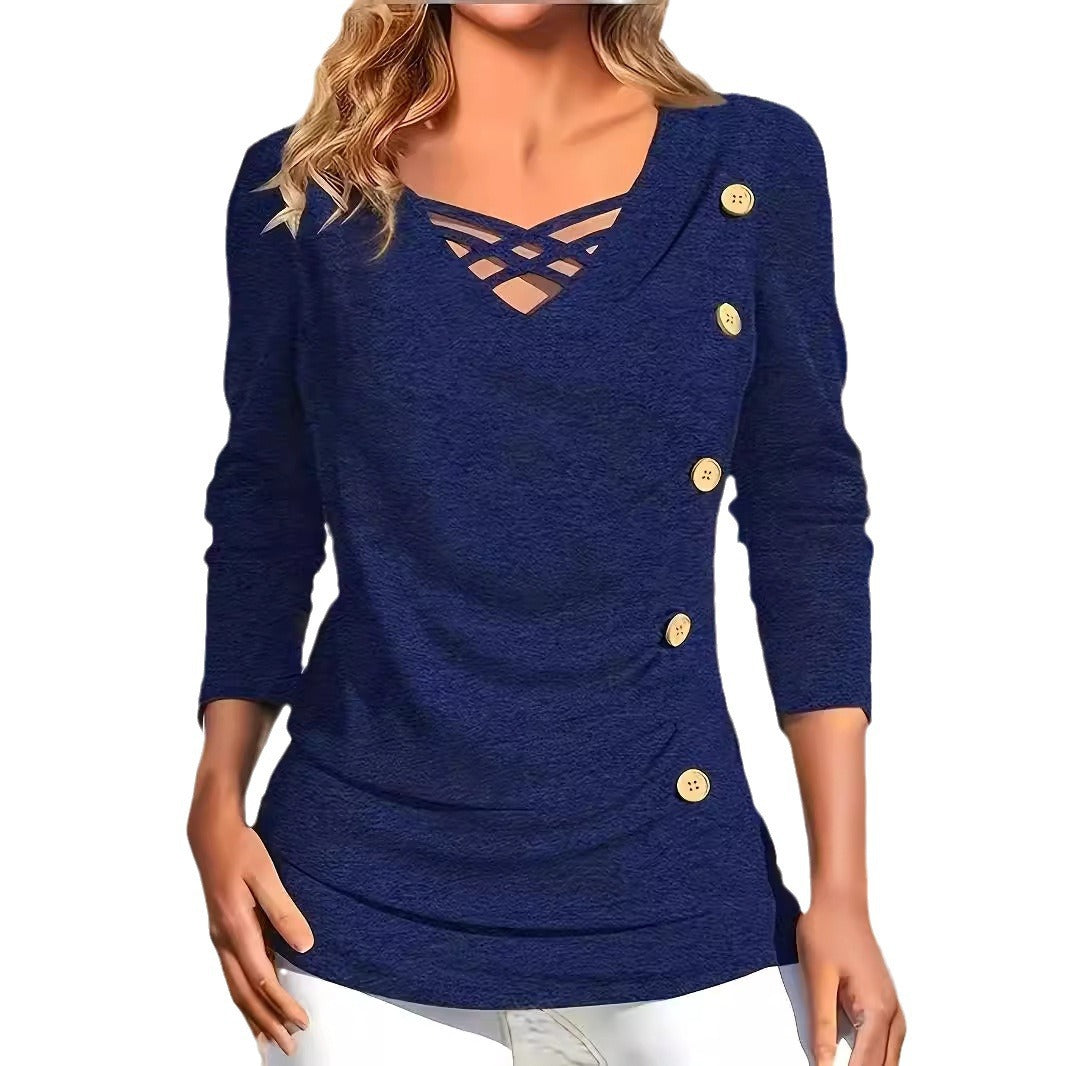 Solid Color Dark Blue Polyester Knitted Commute T-shirt For Women In Plus Size