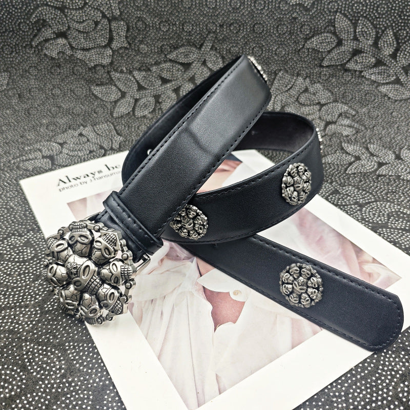 Punk Skull Belt With Snap Buckle In Dyed Black PU Leather Featuring Alloy Buckle Material