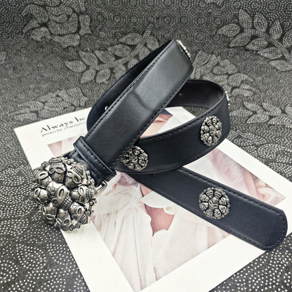 Punk Skull Belt With Snap Buckle In Dyed Black PU Leather Featuring Alloy Buckle Material