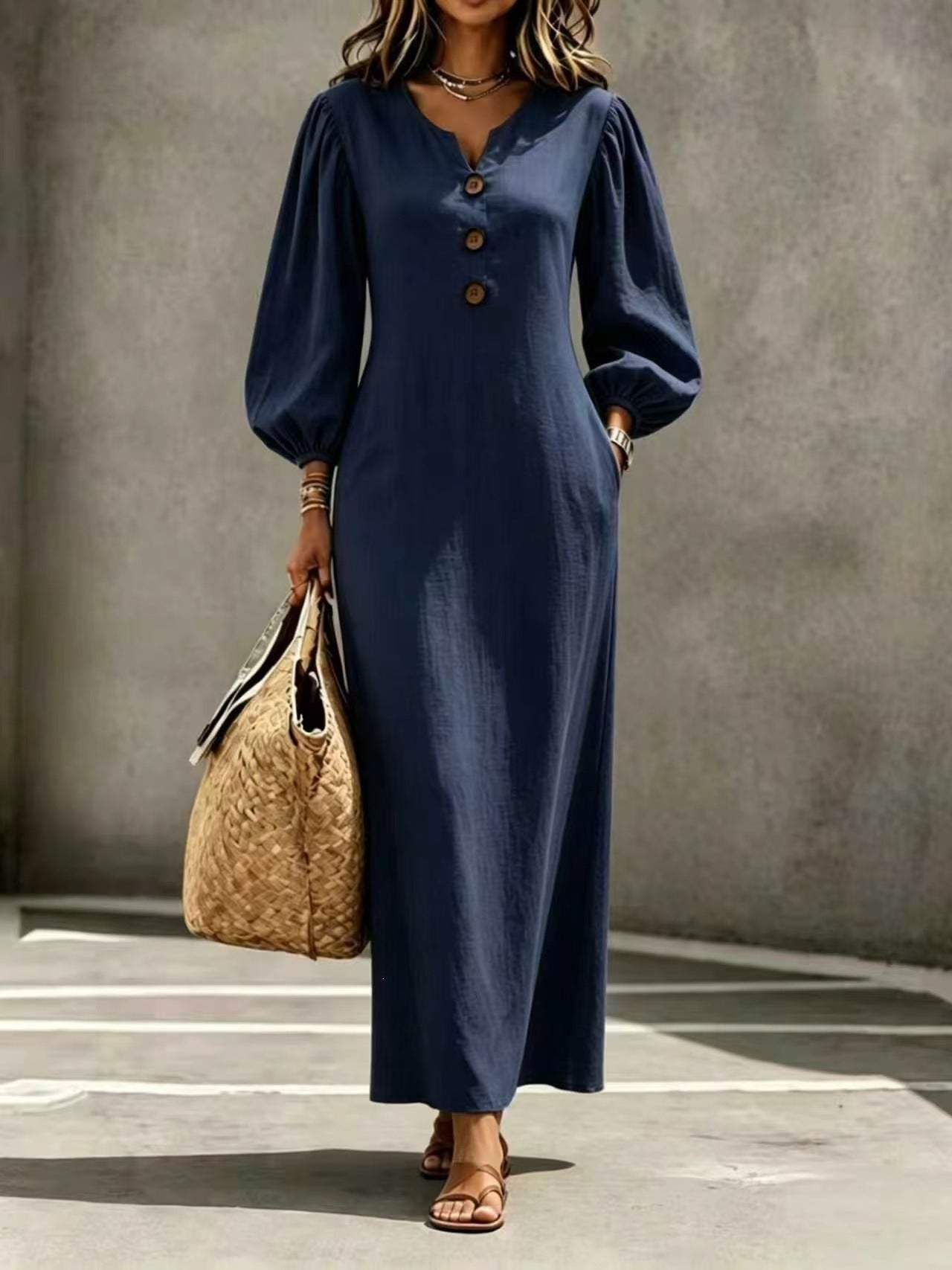Solid Color Casual V Neck Long Sleeve Regular Dress For Business, Made With Cotton Polyester Fabric