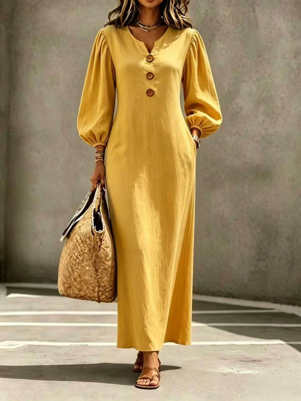 Solid Color Casual V Neck Long Sleeve Regular Dress For Business, Made With Cotton Polyester Fabric