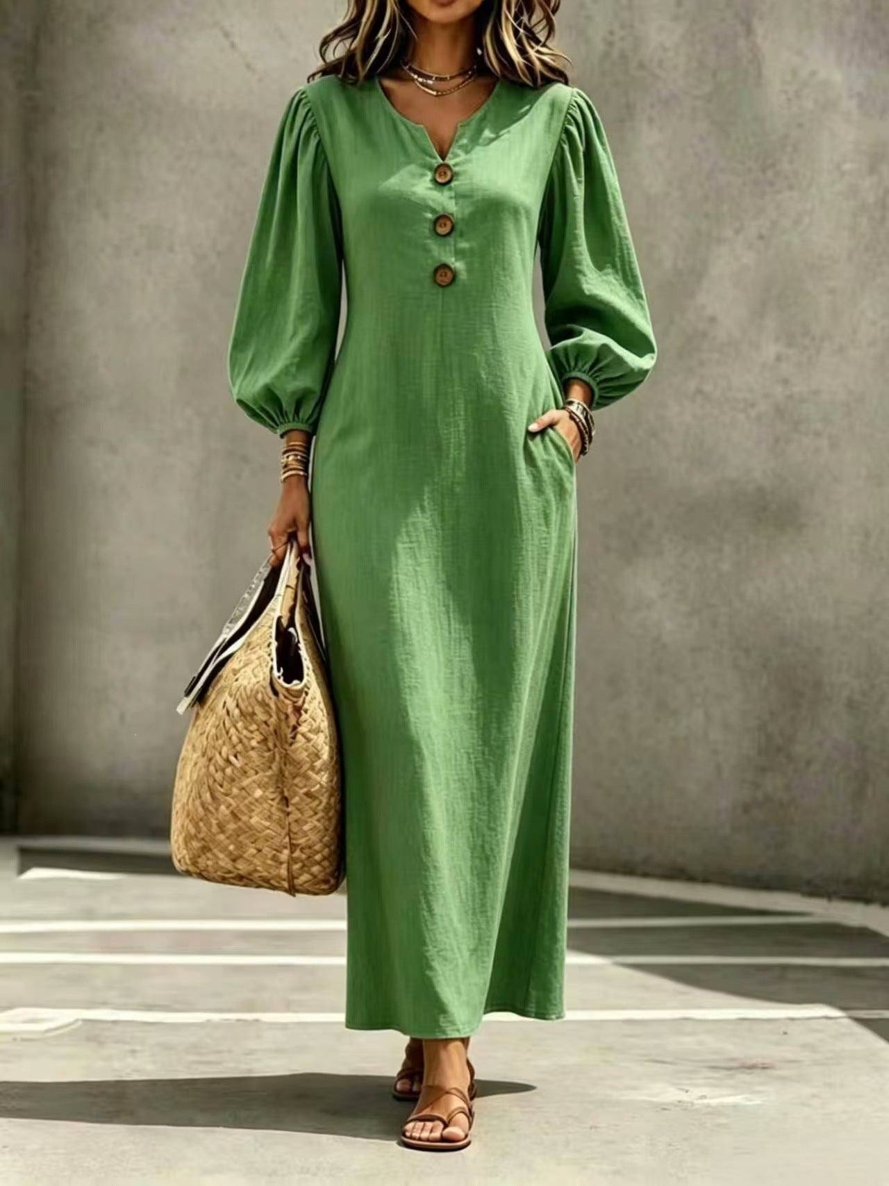 Solid Color Casual V Neck Long Sleeve Regular Dress For Business, Made With Cotton Polyester Fabric