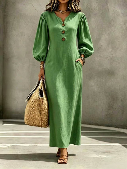 Solid Color Casual V Neck Long Sleeve Regular Dress For Business, Made With Cotton Polyester Fabric