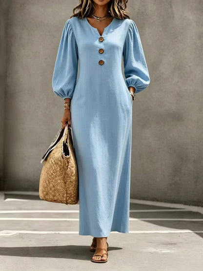 Solid Color Casual V Neck Long Sleeve Regular Dress For Business, Made With Cotton Polyester Fabric