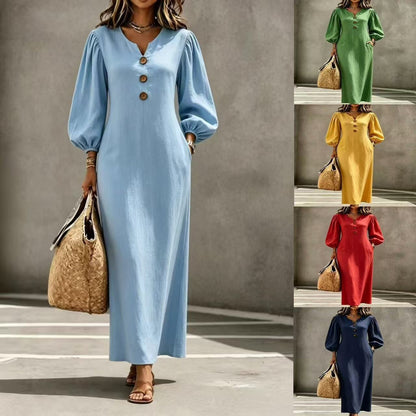 Solid Color Casual V Neck Long Sleeve Regular Dress For Business, Made With Cotton Polyester Fabric