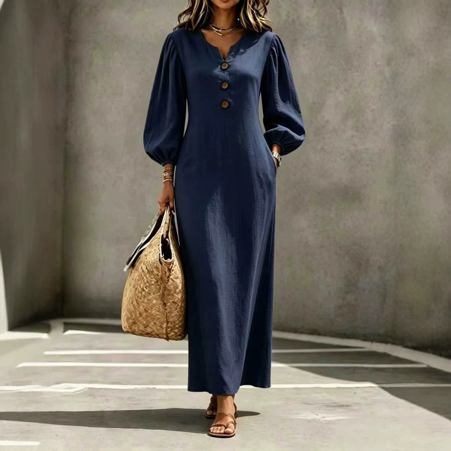 Solid Color Casual V Neck Long Sleeve Regular Dress For Business, Made With Cotton Polyester Fabric
