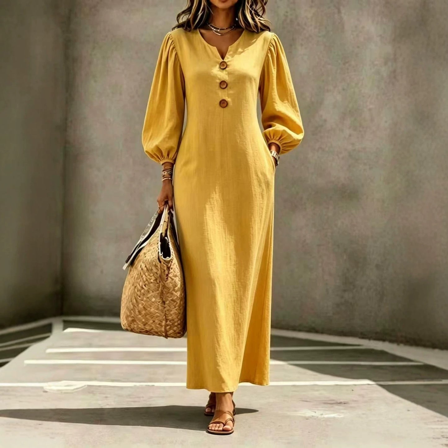 Solid Color Casual V Neck Long Sleeve Regular Dress For Business, Made With Cotton Polyester Fabric