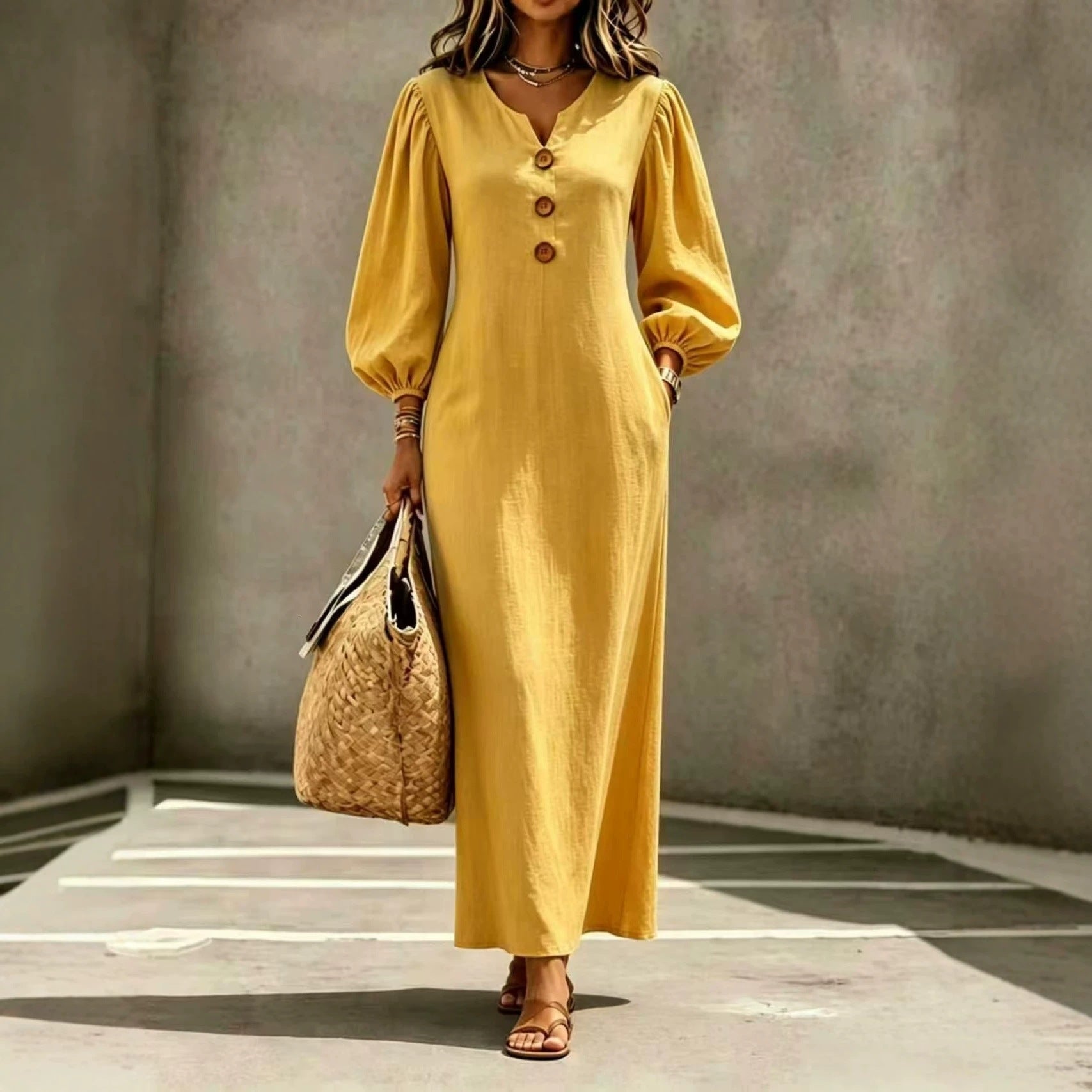 Solid Color Casual V Neck Long Sleeve Regular Dress For Business, Made With Cotton Polyester Fabric