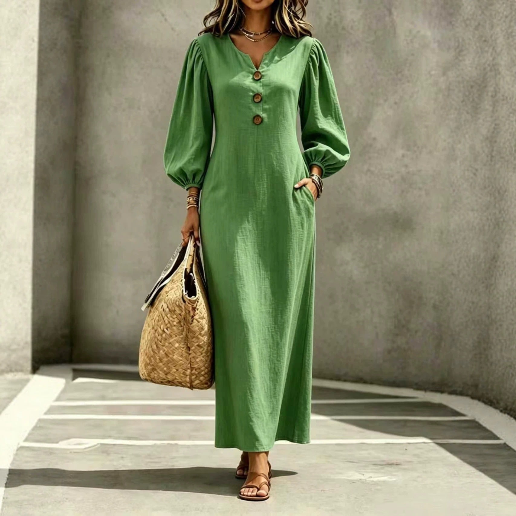 Solid Color Casual V Neck Long Sleeve Regular Dress For Business, Made With Cotton Polyester Fabric