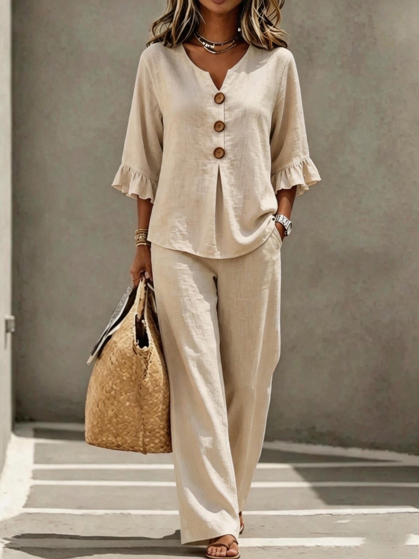Solid Color T-shirt And Pant Co-ord Set In Polyester Fabric Featuring Casual Style With V Neck And Single Breasted Design, 2 Pieces Set