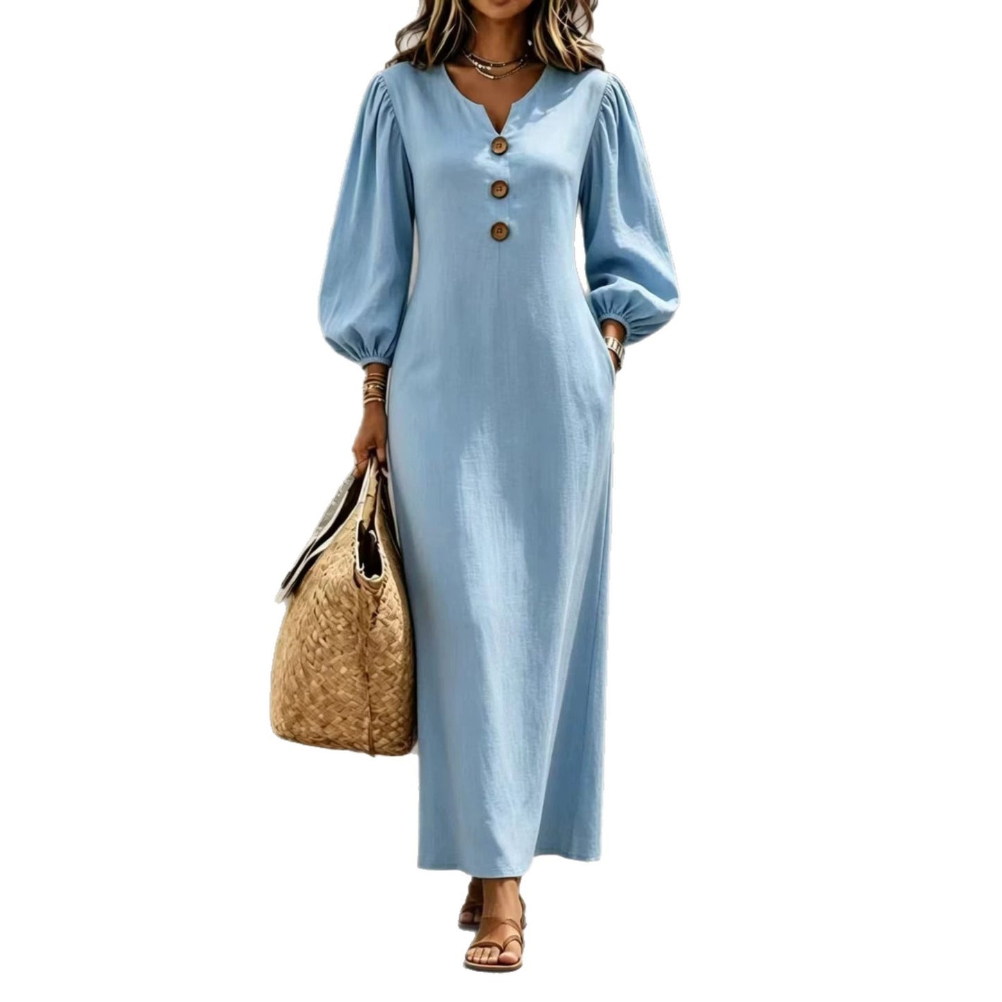 Solid Color Casual V Neck Long Sleeve Regular Dress For Business, Made With Cotton Polyester Fabric