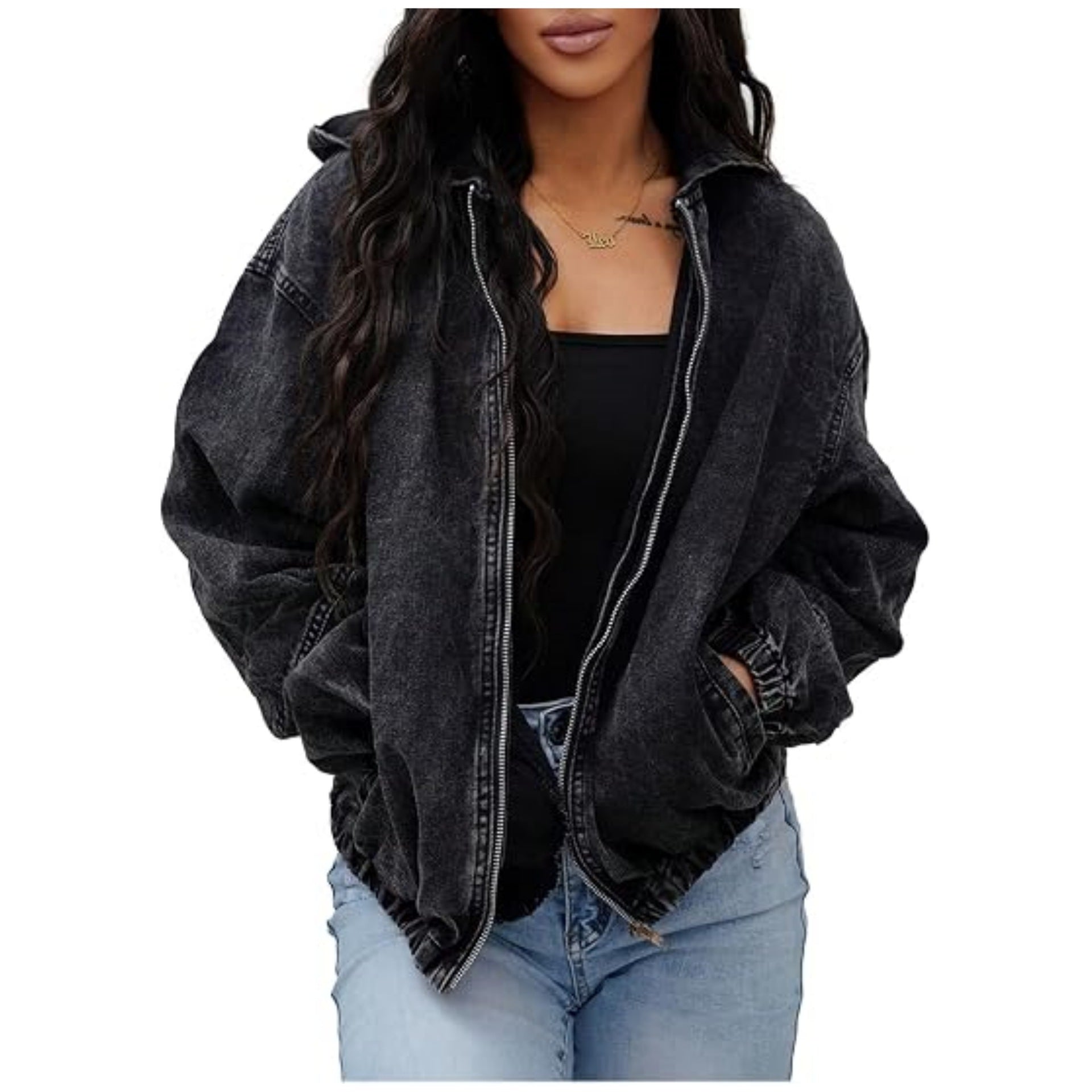 Vintage Style Solid Color Denim Jacket Coat With Zipper Placket, Made Of Over 90% Cotton Fabric, Washed Finish