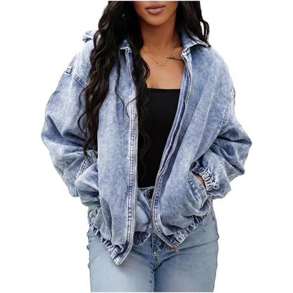 Vintage Style Solid Color Denim Jacket Coat With Zipper Placket, Made Of Over 90% Cotton Fabric, Washed Finish