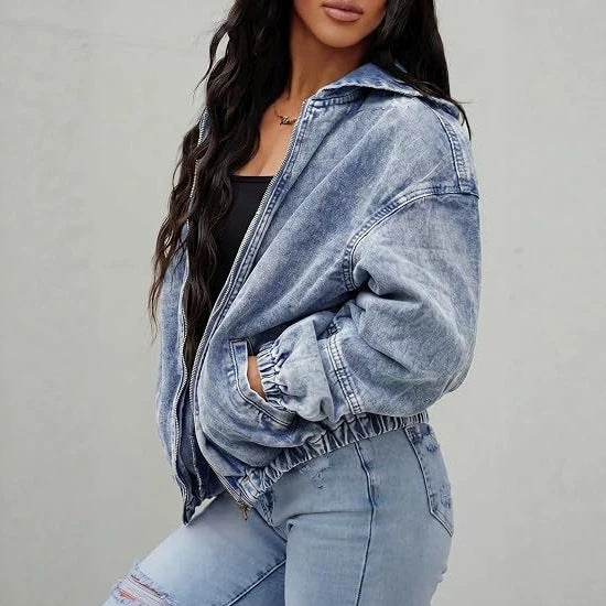 Vintage Style Solid Color Denim Jacket Coat With Zipper Placket, Made Of Over 90% Cotton Fabric, Washed Finish