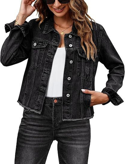 Casual Denim Jacket Coat For Women With Lapel Collar And Long Regular Sleeves