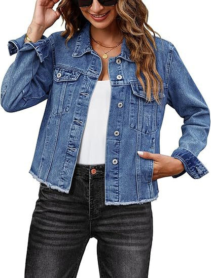 Casual Denim Jacket Coat For Women With Lapel Collar And Long Regular Sleeves