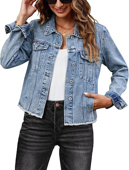 Casual Denim Jacket Coat For Women With Lapel Collar And Long Regular Sleeves