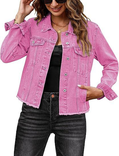 Casual Denim Jacket Coat For Women With Lapel Collar And Long Regular Sleeves
