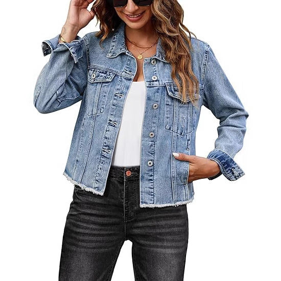 Casual Denim Jacket Coat For Women With Lapel Collar And Long Regular Sleeves