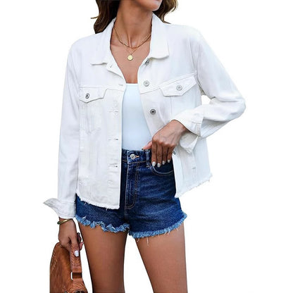 Casual Denim Jacket Coat For Women With Lapel Collar And Long Regular Sleeves