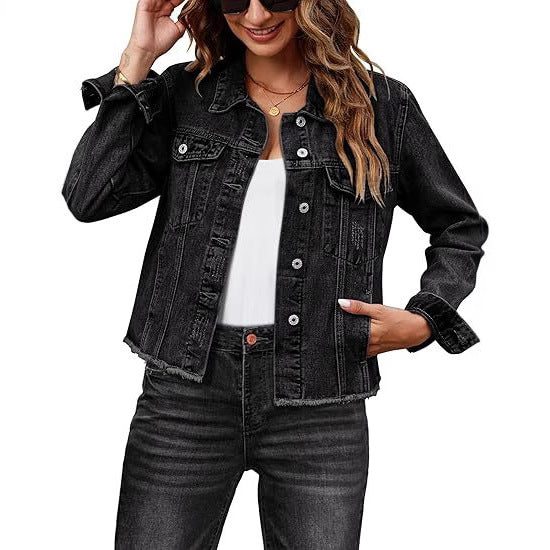 Casual Denim Jacket Coat For Women With Lapel Collar And Long Regular Sleeves