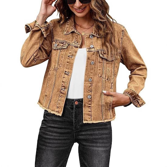 Casual Denim Jacket Coat For Women With Lapel Collar And Long Regular Sleeves