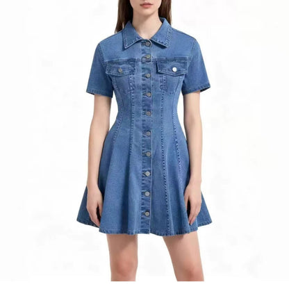 Elegant Solid Color Denim Dress With Short Sleeve And Lapel Neckline For Daily Wear