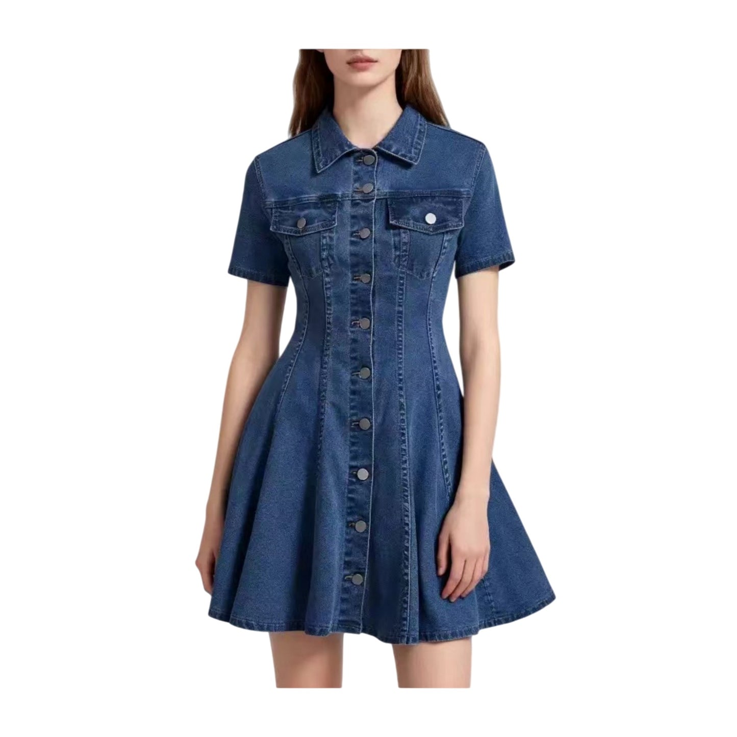 Elegant Solid Color Denim Dress With Short Sleeve And Lapel Neckline For Daily Wear