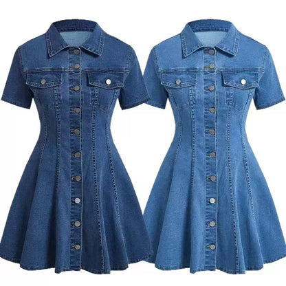 Elegant Solid Color Denim Dress With Short Sleeve And Lapel Neckline For Daily Wear