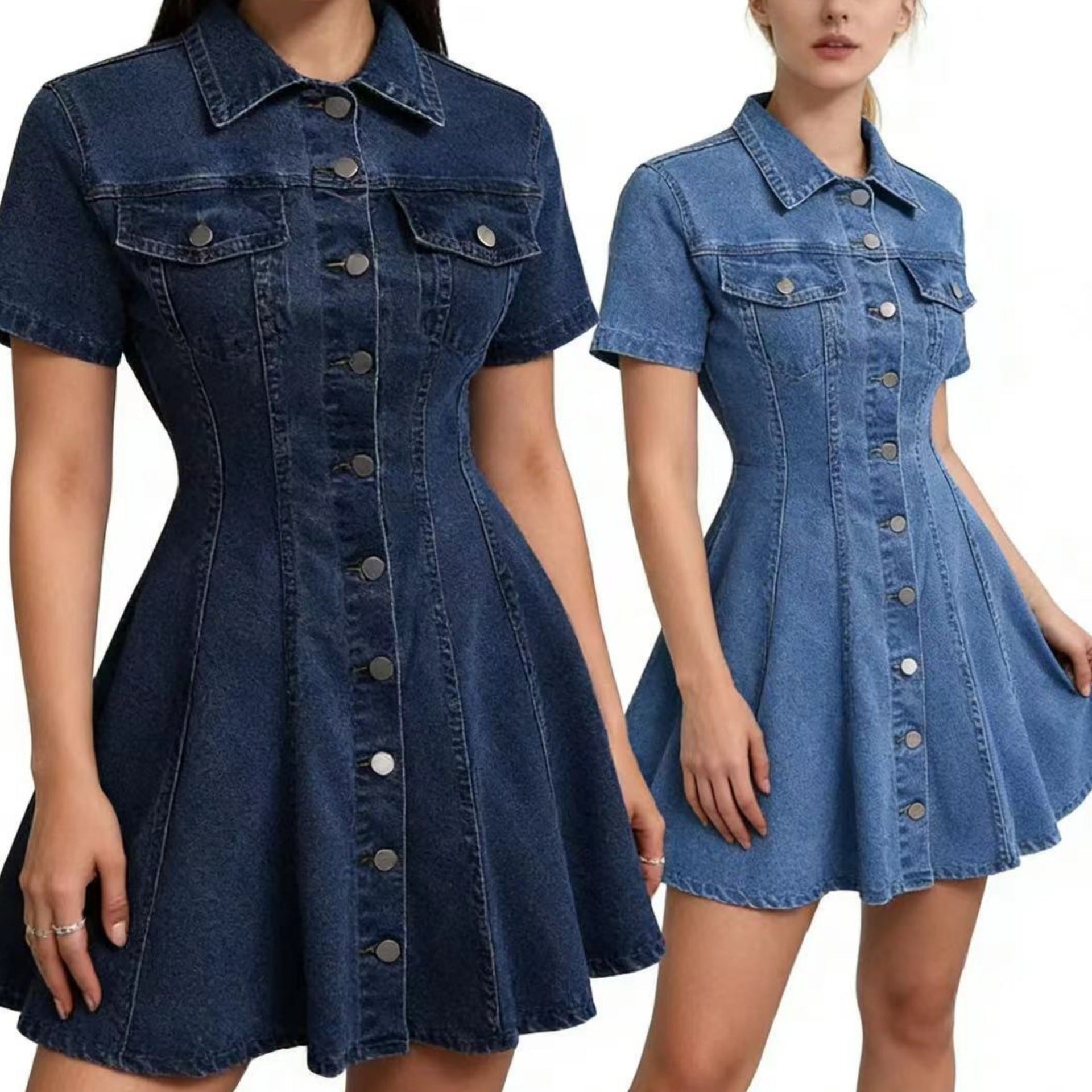 Elegant Solid Color Denim Dress With Short Sleeve And Lapel Neckline For Daily Wear