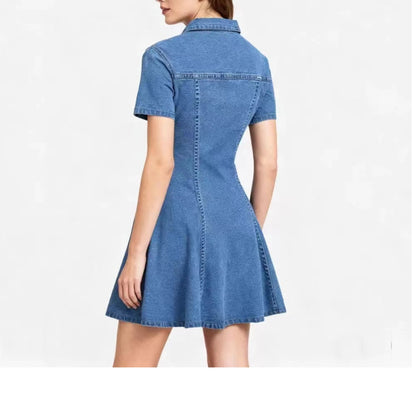 Elegant Solid Color Denim Dress With Short Sleeve And Lapel Neckline For Daily Wear