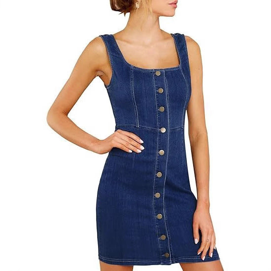 Solid Color Denim Dress With Sleeveless Design And Square Collar, Casual Style For Daily Wear