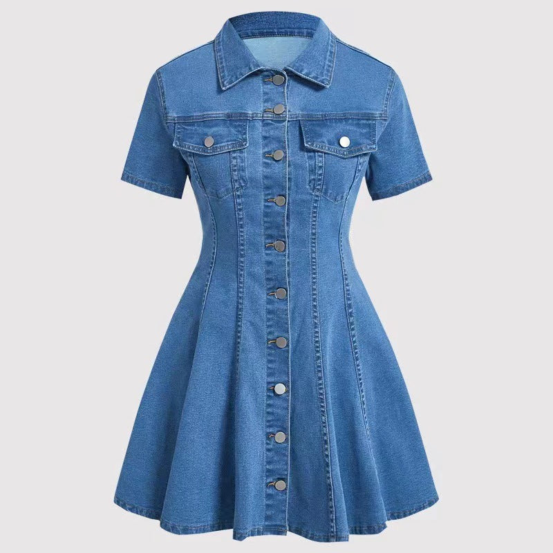 Elegant Solid Color Denim Dress With Short Sleeve And Lapel Neckline For Daily Wear