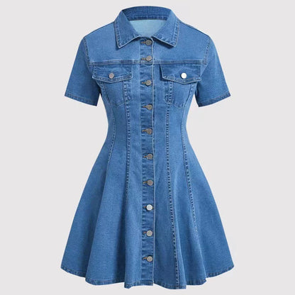 Elegant Solid Color Denim Dress With Short Sleeve And Lapel Neckline For Daily Wear