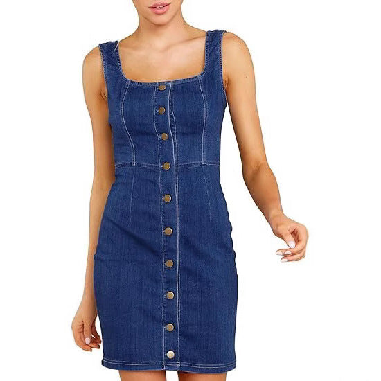 Solid Color Denim Dress With Sleeveless Design And Square Collar, Casual Style For Daily Wear