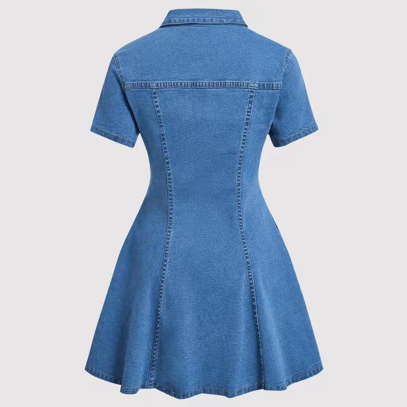 Elegant Solid Color Denim Dress With Short Sleeve And Lapel Neckline For Daily Wear