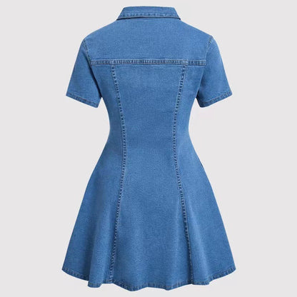 Elegant Solid Color Denim Dress With Short Sleeve And Lapel Neckline For Daily Wear