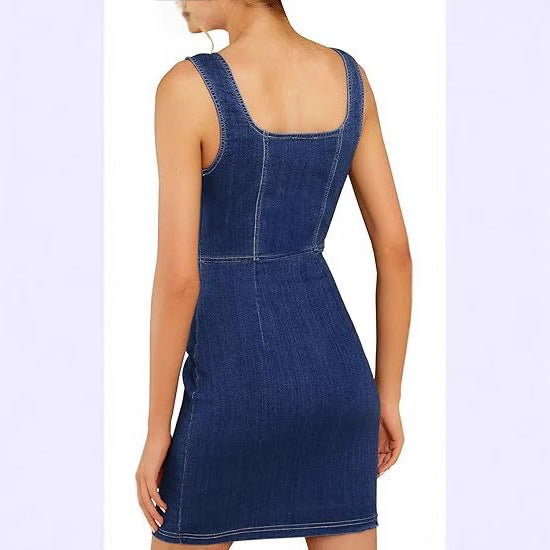 Solid Color Denim Dress With Sleeveless Design And Square Collar, Casual Style For Daily Wear