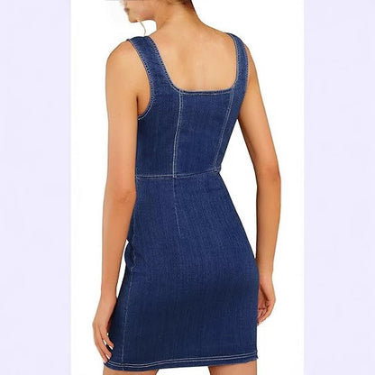 Solid Color Denim Dress With Sleeveless Design And Square Collar, Casual Style For Daily Wear
