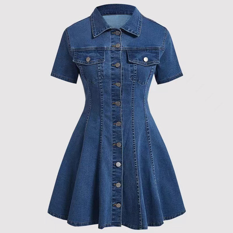 Elegant Solid Color Denim Dress With Short Sleeve And Lapel Neckline For Daily Wear