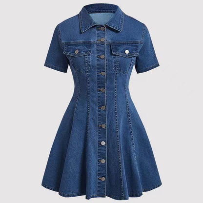 Elegant Solid Color Denim Dress With Short Sleeve And Lapel Neckline For Daily Wear