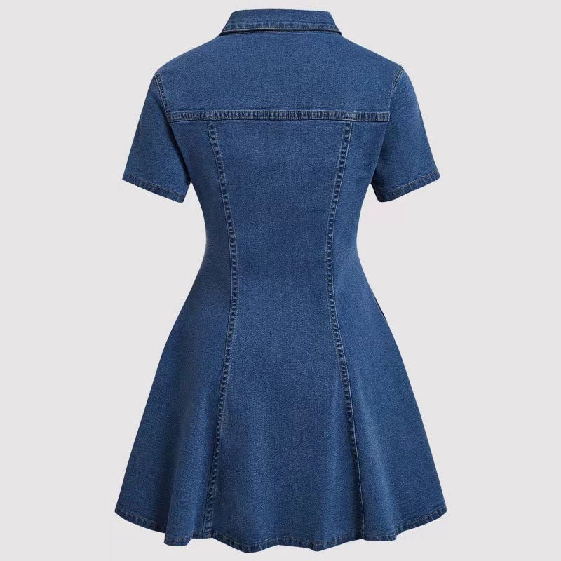 Elegant Solid Color Denim Dress With Short Sleeve And Lapel Neckline For Daily Wear