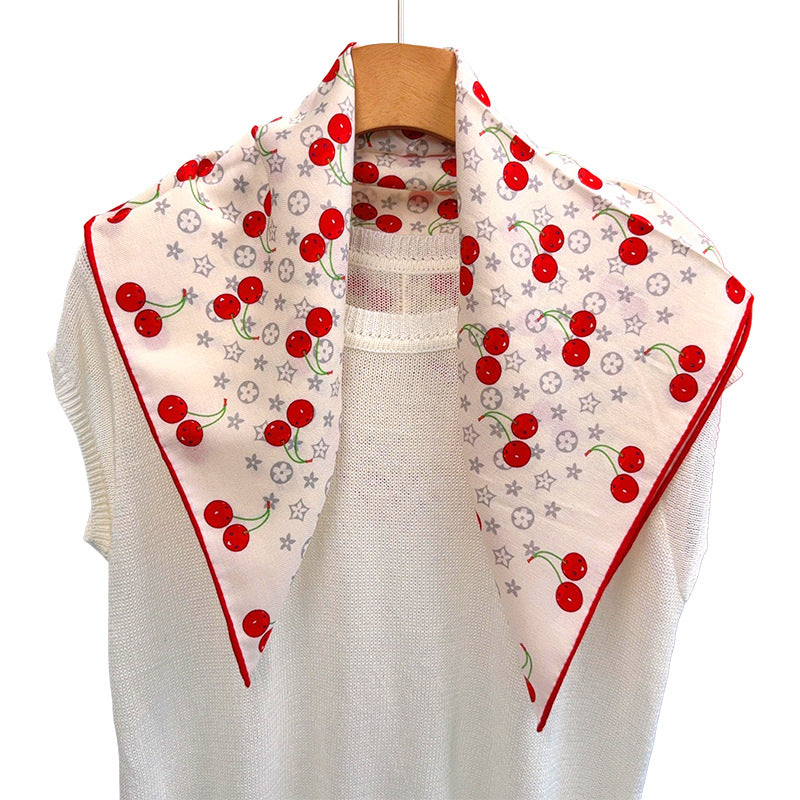 Cherry Cartoon Style Silk Scarf For Women In White, Perfect For Summer Wear
