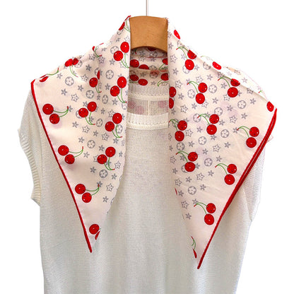 Cherry Cartoon Style Silk Scarf For Women In White, Perfect For Summer Wear