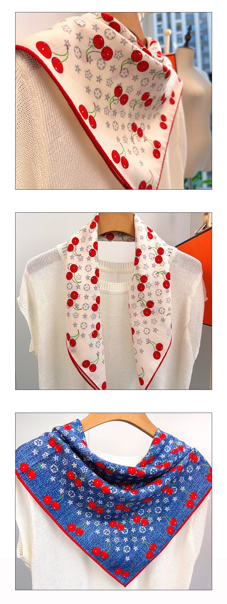Cherry Cartoon Style Silk Scarf For Women In White, Perfect For Summer Wear